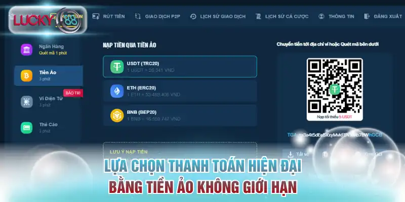 Nạp Tiền Lucky88 - Giao Dịch Siêu Tốc Chỉ Từ 1 Phút 2 Lựa chọn thanh toán hiện đại bằng tiền ảo không giới hạn